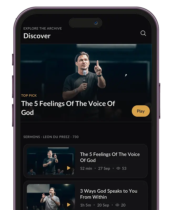 Leon du Preez App | Sermons, Bible & Daily Devotionals Ask, search and discover screen in the Leon du Preez App