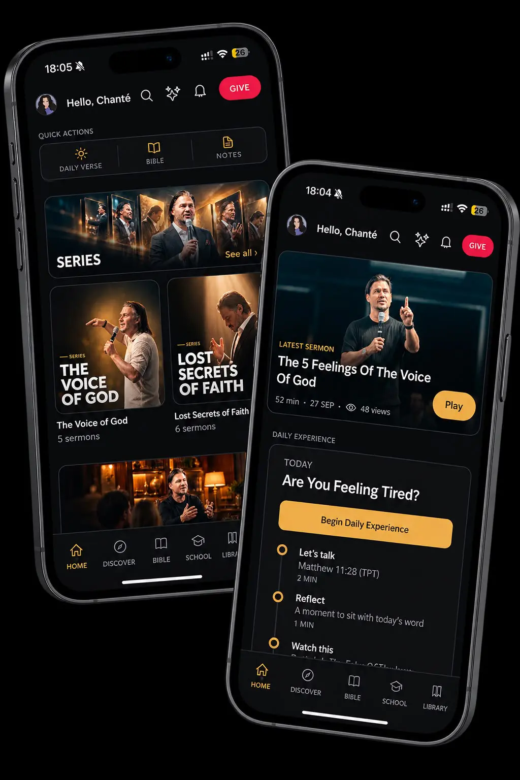 Leon du Preez App on iPhone and Android showing sermons, series and the Daily Experience devotional